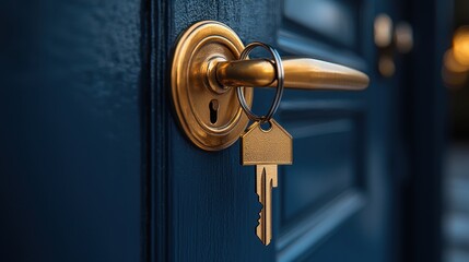 Wall Mural - Open Door to New Beginnings - Close-Up of Home-Shaped Keychain on Key in Doorway Symbolizing Excitement and Homeownership