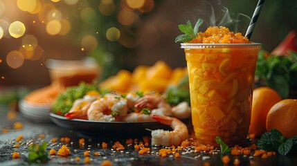 minimal background for online food delivery concept. mobile phone with food and beverage on orange b