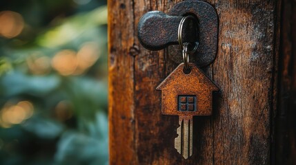 Wall Mural - Unlocking Homeownership - Key with Home-shaped Keychain in Open Door Lock Symbolizing Real Estate Ownership