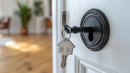 Wall Mural - Unlocking Homeownership - Key with Home-Shaped Keychain in Door Lock Symbolizing Real Estate Ownership