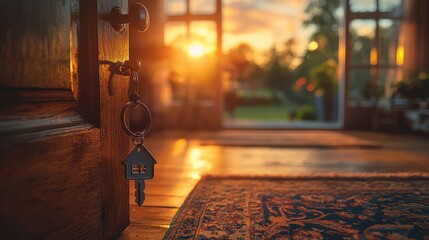 Wall Mural - Unlocking New Beginnings: Open Door with Keychain in Modern Home Interior bathed in Light