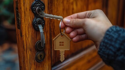Wall Mural - Opening the Door to New Property Investment - Close-up Hand Turning Key with House-shaped Keychain in Open Door