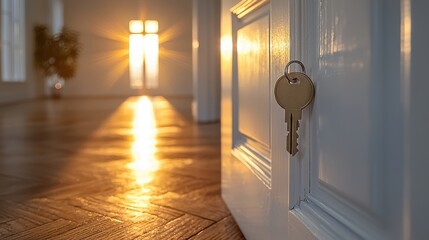Wall Mural - Welcoming Opportunity - Open Door with Key and Home-shaped Keychain, Signifying Mortgage Approval and Bright New Beginnings