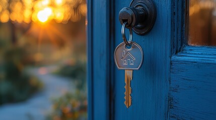 Wall Mural - Welcoming Mortgage Approval - Open Door with Key and Home-Shaped Keychain Reveals Bright Interior