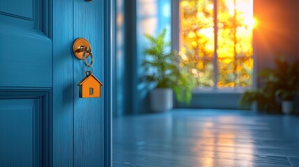 Wall Mural - Unlocking a Fresh Start: Key with House Keychain in Door Lock of Bright Home Interior, Real Estate Concept