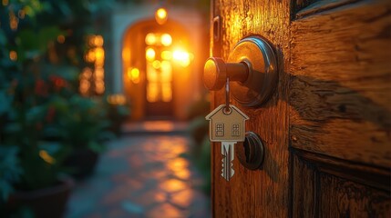 Wall Mural - New Beginnings in Real Estate - Key with House-shaped Keychain in Open Door Lock in Bright Interior.