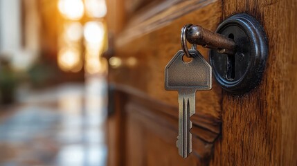 Wall Mural - Unlocking a Fresh Start: Symbolic Key with House Keychain in Door Lock of Bright Interior, Real Estate Beginnings Concept