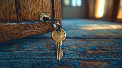 Wall Mural - Welcoming New Home Interior - Property Investment Concept with Open Door, Key, and Home-Shaped Keychain
