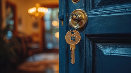 Wall Mural - Welcoming New Home Interior - Property Investment Concept with Open Door, Key, and Home-Shaped Keychain