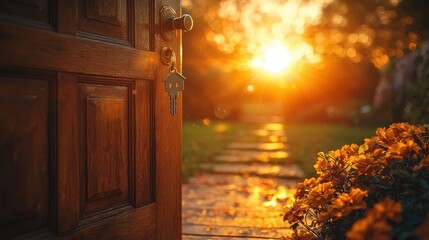 Wall Mural - Bright Beginnings - Welcoming Light Through Open Door in New Home with House Keychain