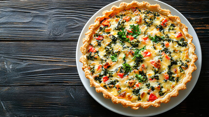 Wall Mural - Savory quiche with broccoli, tomatoes, and cheese, baked to perfection in a flaky crust