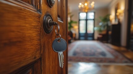 Wall Mural - Unlock Your Dream Home: Real Estate Ownership Concept with Key and Home-Shaped Keychain in Bright Modern Interior