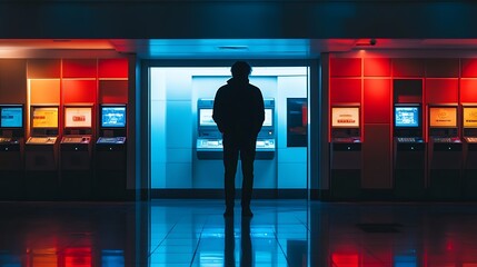 A person standing in front of multiple ATMs in a bank lobby