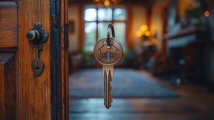 Wall Mural - Welcome to Your Bright Future: Open Door to New Home Interior with House Key - Real Estate Investment Concept