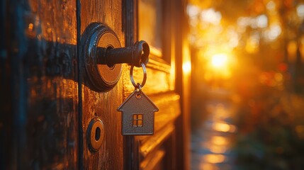 Wall Mural - Welcoming Sunlit Entrance to New Home - Key with House-Shaped Keychain in Door Lock