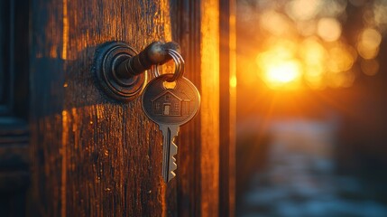 Wall Mural - Welcoming Light - Symbolic Key with House-shaped Keychain in Door Lock of New Home, Illuminated by Sunlight.