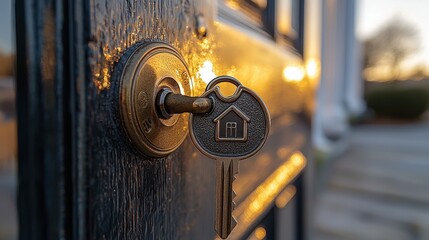 Wall Mural - Welcoming Home: Key with Home-Shaped Keychain in Open Door Lock, Symbolizing Bright and Inviting New Beginning