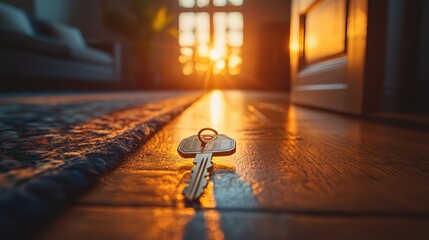 Wall Mural - Unlocking Wealth: Property Investment Concept with Key and House-shaped Keychain, Light in Modern Interior