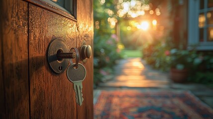 Wall Mural - Unlocking the Potential: Property Investment Concept with House Keychain and Sunlit Modern Interior