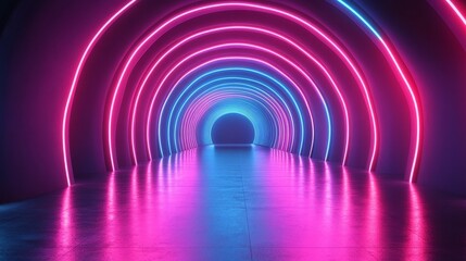 A long, narrow tunnel with neon lights that are pink and blue