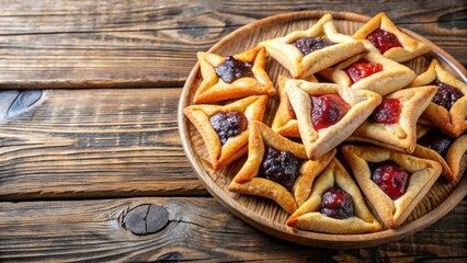 Traditional homemade cookies filled with fruit jam for Jewish festival Purim