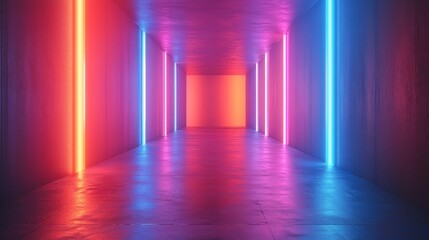 A long, brightly lit hallway with neon colored lights