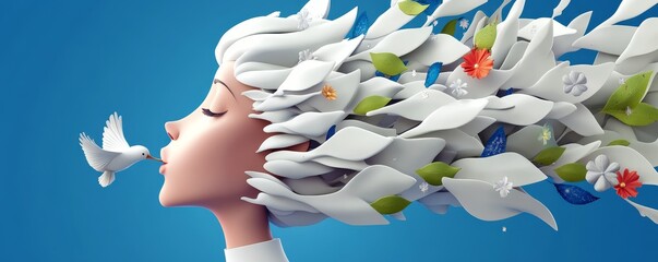 A serene woman with flowing hair made of flowers and leaves, symbolizing nature, peace, and harmony with the environment.