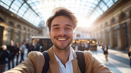 Smiling traveler taking a selfie in a sunlit train station with a modern glass roof