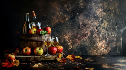 Fresh apple juice cider in glass with apple fruit and wooden barrel