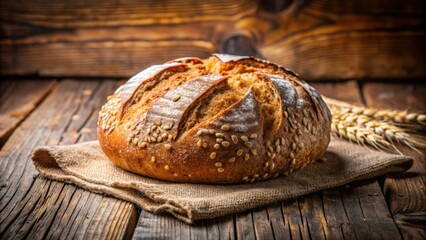 Wall Mural - Close-up of a freshly baked loaf of whole grain bread on a rustic wooden table