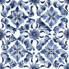 Poster - This design features a detailed blue and white floral tile pattern with a variety of flowers and swirling shapes, perfect for interior decor or crafting projects