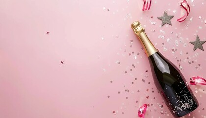 Sparkling Celebrations: Festive Champagne and Confetti on Pink Background