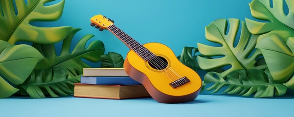 A vibrant yellow ukulele rests on colorful books, surrounded by lush tropical leaves against a bright blue backdrop.