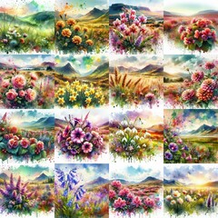 Poster - watercolor flowers and mountains drawing style floral background. AI generated illustration