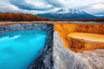 this image showcases two vibrant pools, one with striking blue water and the other with rich orange 