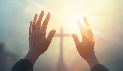 Close-up of hands reaching towards the sky with a cross in the background, a sunrise, and white light rays shining down on them against a white background Generative AI