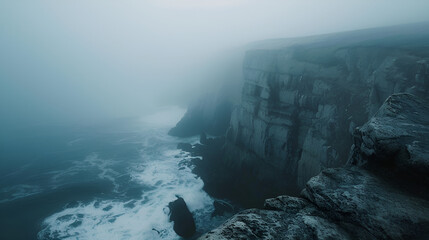 Scenic ocean panorama with blue sky, white clouds, and crashing waves against rocky cliffs