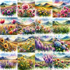 Wall Mural - watercolor flowers and mountains drawing style floral background. AI generated illustration