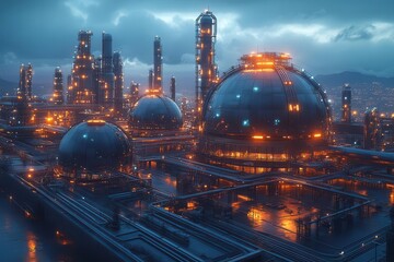 Wall Mural - energy nexus futuristic gas storage facility glowing at twilight sleek metallic domes interconnected by luminous pipelines symbolizing sustainable power in a cyberpunk cityscape