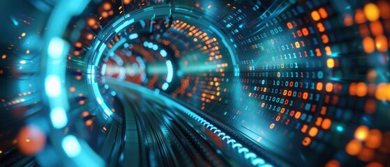 Illuminated Digital Tunnel of Binary Code - Futuristic Technology Background