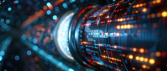 Illuminated Digital Tunnel with Glowing Binary Code Streaming Through - Concept of Data Transfer and Technology
