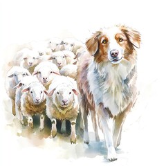 A watercolor illustration of a sheepdog herding sheep, farm animal, action scene, soft pastel colors, isolated on white background