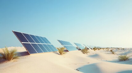 Solar panels gleam under the bright sun surrounded by soft dunes and sparse greenery