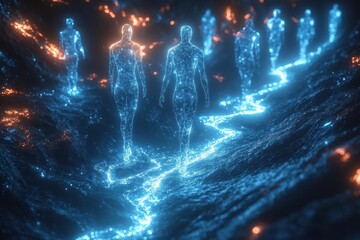 Sticker - ethereal network of glowing interconnected human silhouettes floating in a dark digital void soft blue light emanates from figures symbolizing global connectivity and data flow