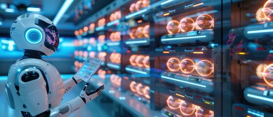 Wall Mural - futuristic market of tomorrow - robotic vendors and holographic products