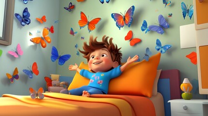 A cheerful child sits on a bed surrounded by colorful butterflies, radiating joy in a bright and playful bedroom setting.