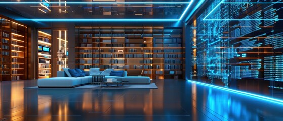 futuristic high-tech library of tomorrow with digital books and holographic interfaces