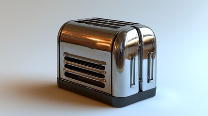 A modern silver toaster shines against a clean white background.