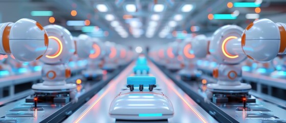 Wall Mural - advanced robot-run factory of the future with automated conveyor belts