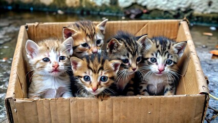 Sticker - cute little frozen kittens abandoned in a box and left on a wet road